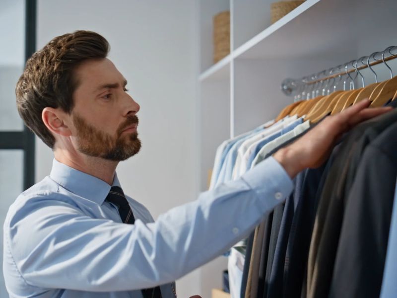 momak gleda sakoe iz svog garderobera