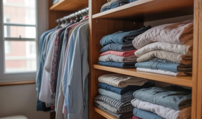 Ormar sa uredno složenom odećom na policama i košuljama na vešalicama pored prozora